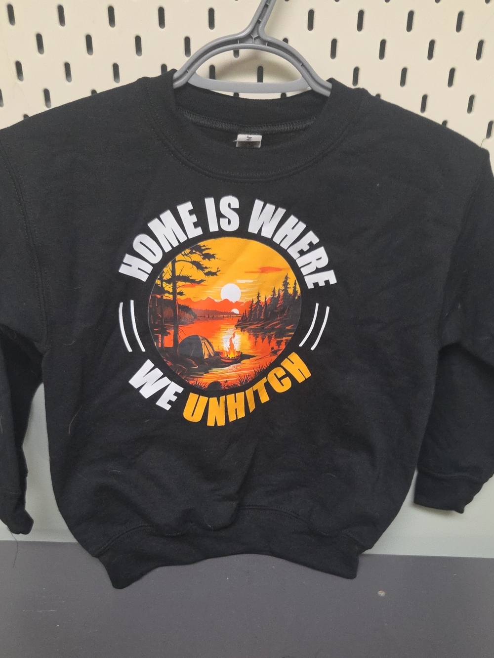 Gildan Black Crewneck Sweater with Orange & White Sunset Camp Graphic Youth XS